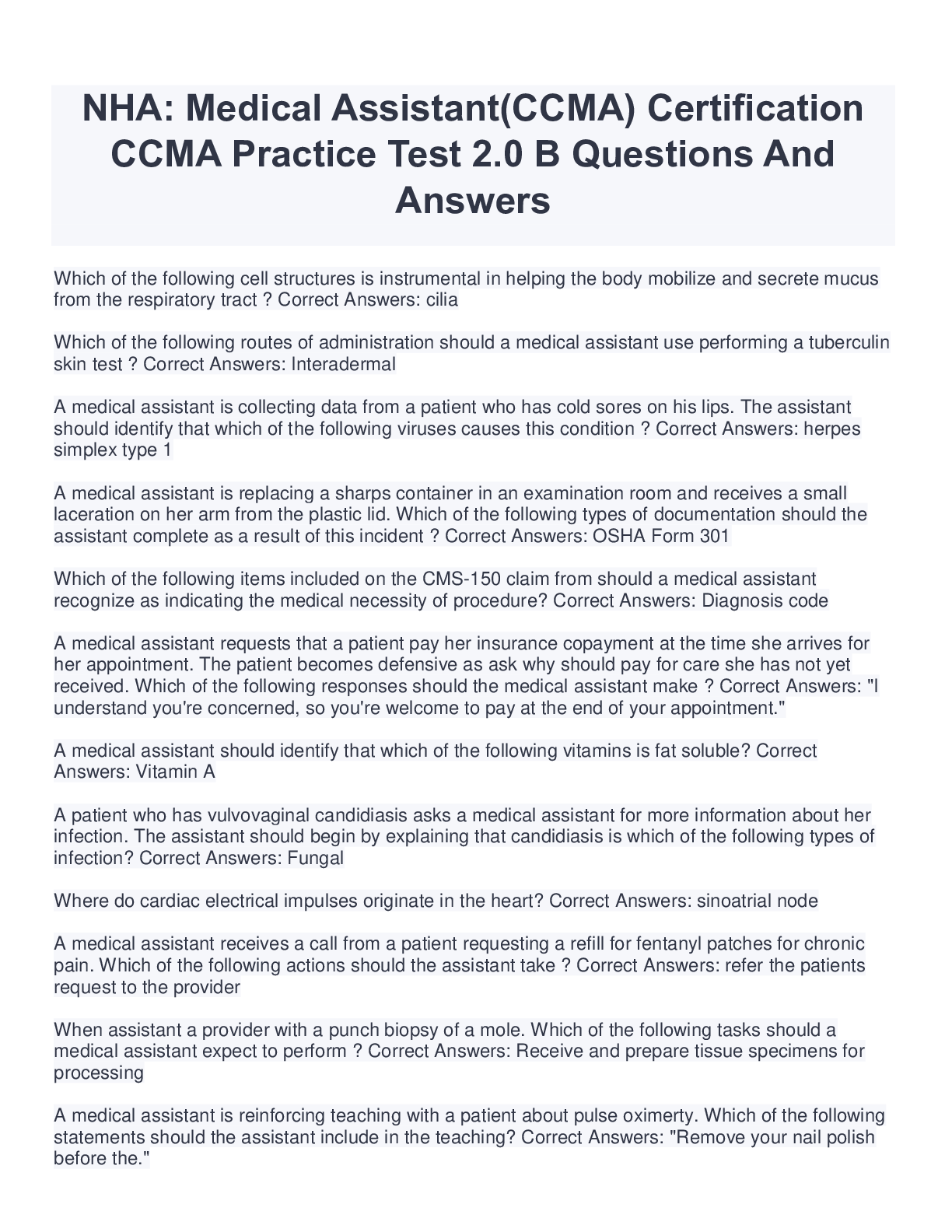 Preview image for NHA: Medical Assistant(CCMA) Certification CCMA Practice Test 2.0 B Questions And Answers